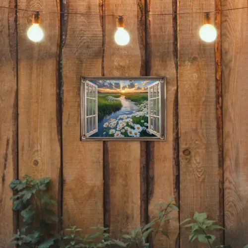 Doorkijk - Landschap - Raam - Water - Zonsondergang tuinposter los doek klein -sfeer1
