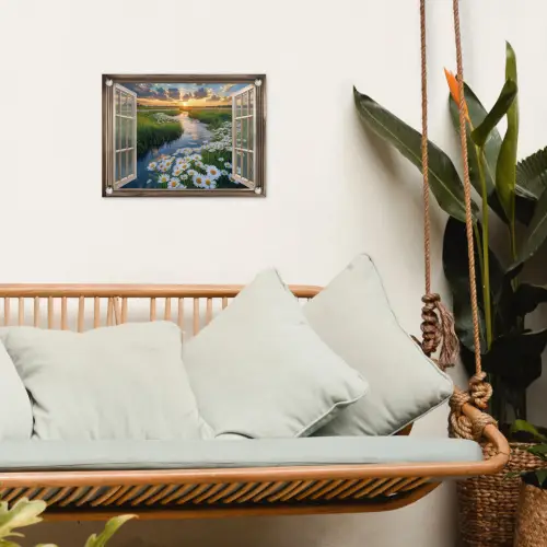 Doorkijk - Landschap - Raam - Water - Zonsondergang tuinposter los doek klein -sfeer7