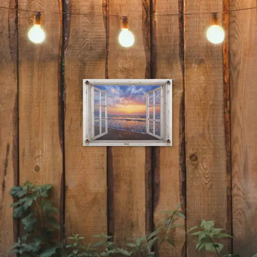 Doorkijk - Zee - Strand - Zonsondergang - Blauw tuinposter los doek klein -sfeer1