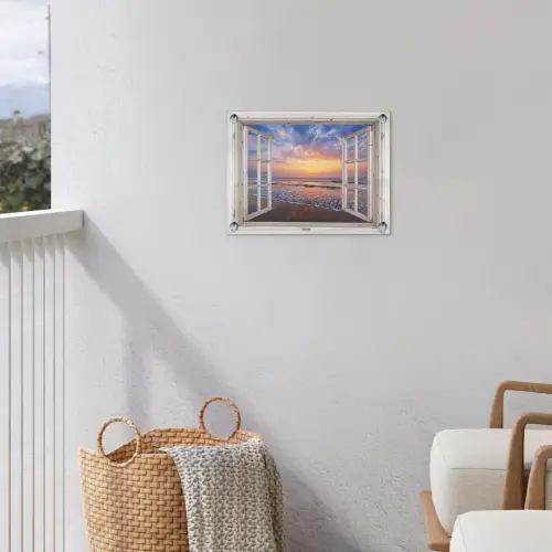 Doorkijk - Zee - Strand - Zonsondergang - Blauw tuinposter los doek klein -sfeer8
