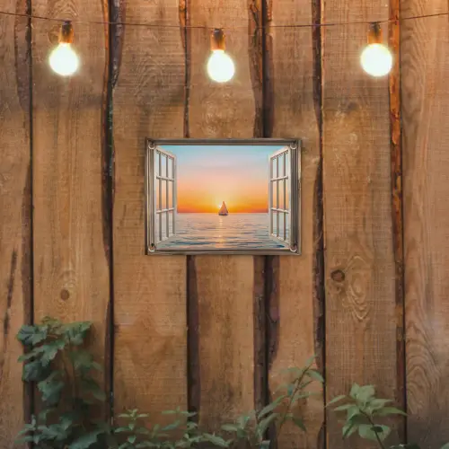Doorkijk - Zee - Boot - Zonsondergang tuinposter los doek klein -sfeer1