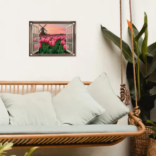 Doorkijk - Tulpen - Bloemen - Molen - Raam tuinposter los doek klein -sfeer7