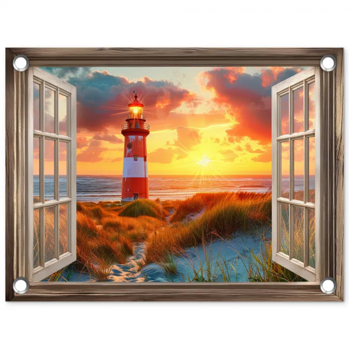 Doorkijk - Raam - Vuurtoren - Zonsondergang - Strand tuinposter los doek klein -3d