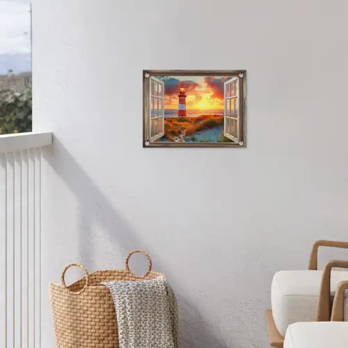 Doorkijk - Raam - Vuurtoren - Zonsondergang - Strand tuinposter los doek klein -sfeer8