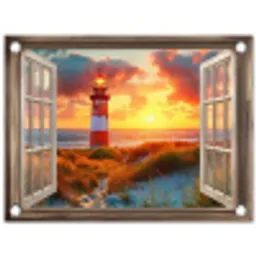 Doorkijk - Raam - Vuurtoren - Zonsondergang - Strand tuinposter los doek klein -3d