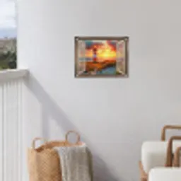 Doorkijk - Raam - Vuurtoren - Zonsondergang - Strand tuinposter los doek klein -sfeer8