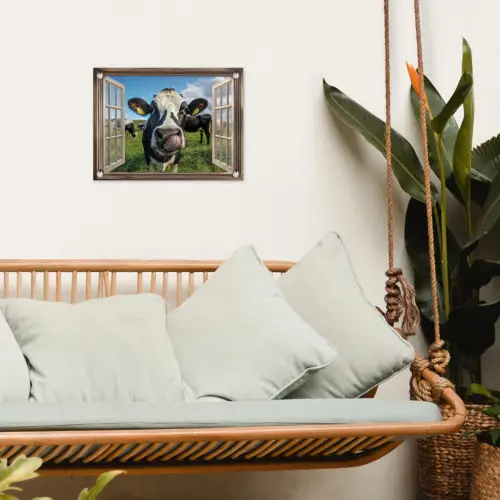 Doorkijk - Koe - Weiland - Dieren - Natuur tuinposter los doek klein -sfeer7