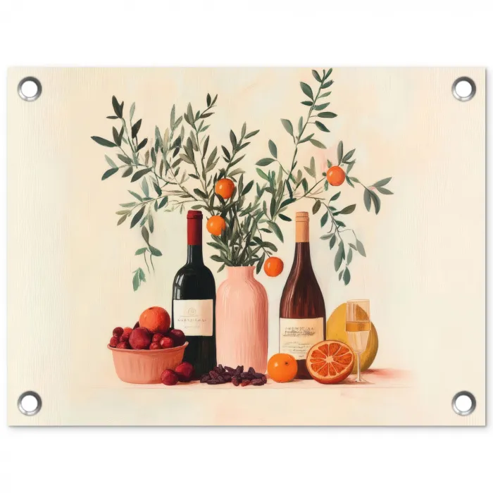 Wijnflessen - Takken - Sinaasappels tuinposter los doek klein -3d
