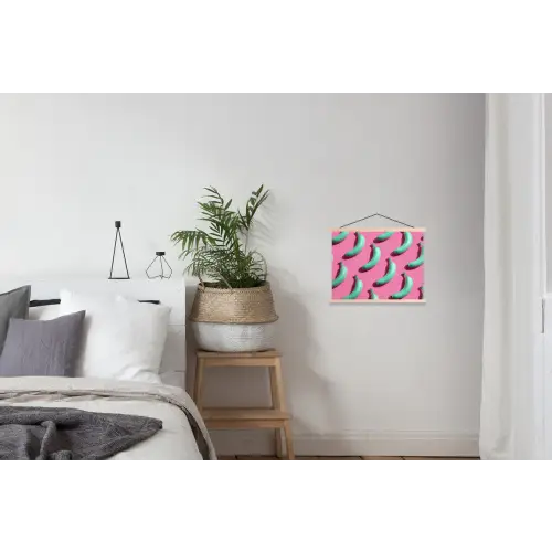 Bananen - Patroon - Blauw - Roze textielposter latten blank klein -woonkamer