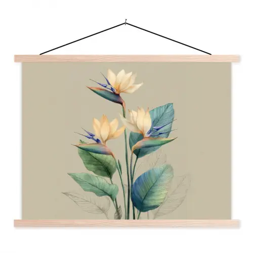 Paradijsvogelbloemen - Blauwgroene bladeren - Beige textielposter latten blank klein -3d