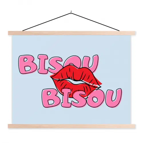 Bisou - Blauw - Roze - Lippen textielposter latten blank klein -3d