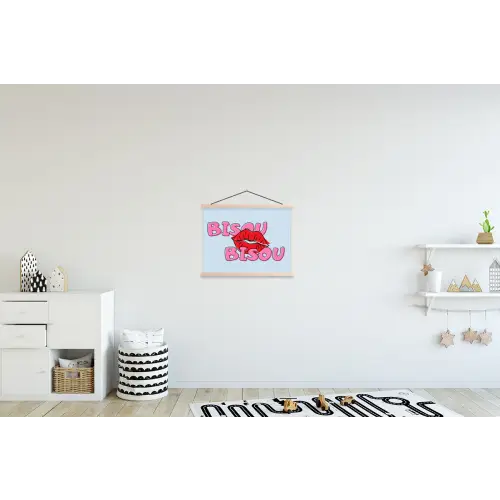 Bisou - Blauw - Roze - Lippen textielposter latten blank klein -kinderkamer