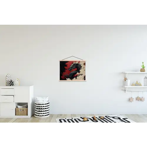 Zwarte draak - Rookwolken - Rood textielposter latten blank klein -kinderkamer