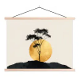 Zwarte boom - Gouden cirkel - Heuvel textielposter latten blank klein -3d