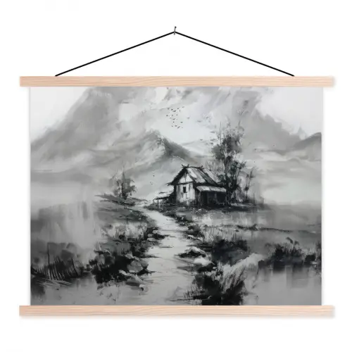 Hut - Grijs - Bergen - Mistig textielposter latten blank klein -3d