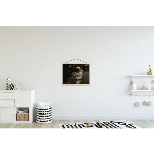 Café - Croissant - Koffie - Astronaut textielposter latten blank klein -kinderkamer