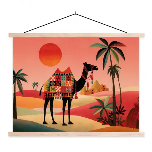Kameel - Gekleurd tapijt - Duinen - Rode zon textielposter latten blank klein -3d