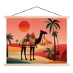 Kameel - Gekleurd tapijt - Duinen - Rode zon textielposter latten blank klein -3d