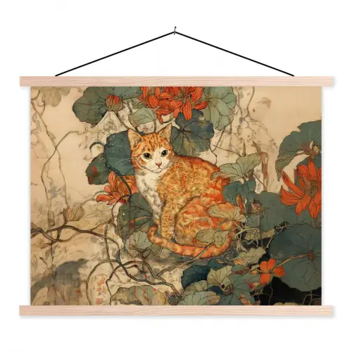 Kat - Sierlijk - Bloemen textielposter latten blank klein -3d