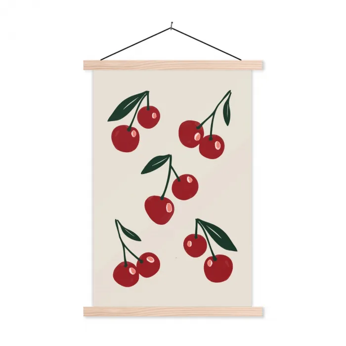 Kersen - Blaadjes - Rood textielposter latten blank klein -3d
