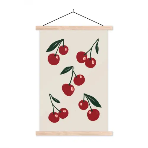 Kersen - Blaadjes - Rood textielposter latten blank klein -3d