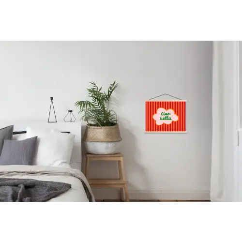 Ciao bella - Tekstwolk - Strepen - Oranje textielposter latten blank klein -woonkamer
