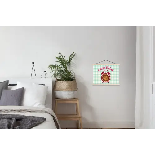 Koffie - Klok - Groen textielposter latten blank klein -woonkamer