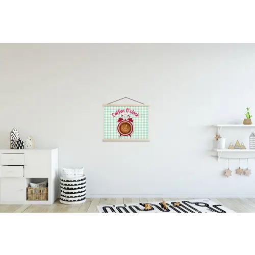 Koffie - Klok - Groen textielposter latten blank klein -kinderkamer