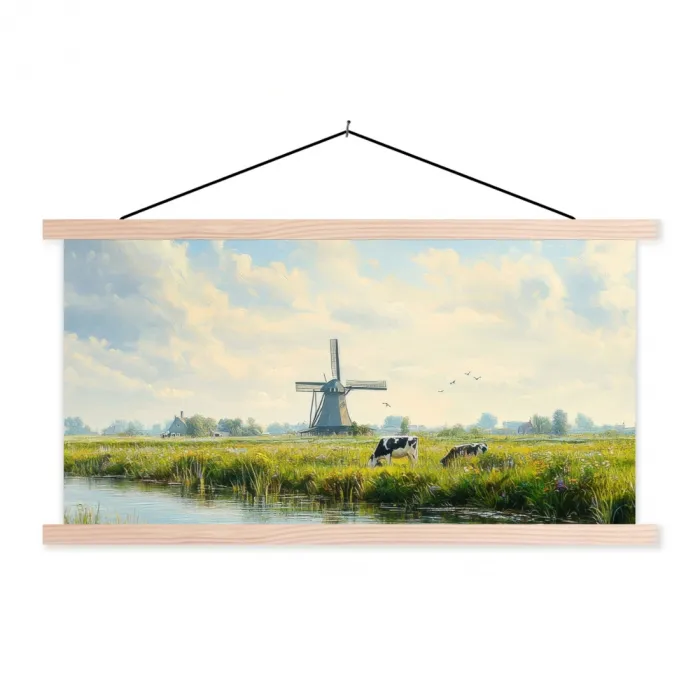 Koeien - Windmolen - Weide - Blauw textielposter latten blank klein -3d