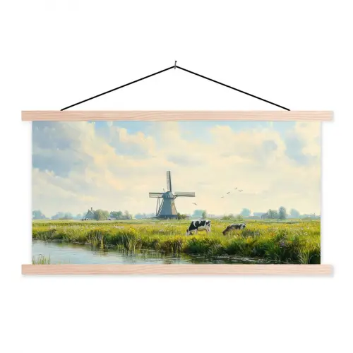 Koeien - Windmolen - Weide - Blauw textielposter latten blank klein -3d