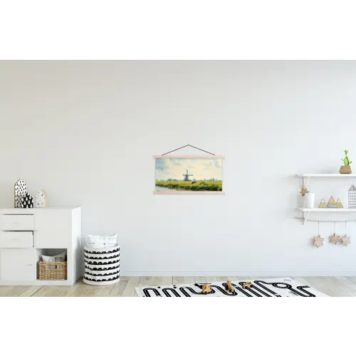 Koeien - Windmolen - Weide - Blauw textielposter latten blank klein -kinderkamer
