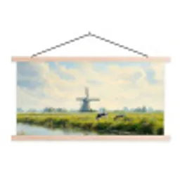 Koeien - Windmolen - Weide - Blauw textielposter latten blank klein -3d