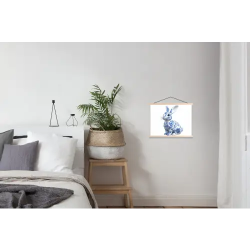 Delftsblauw - Haasje - Wit textielposter latten blank klein -woonkamer