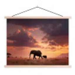 Olifanten - Grasland - Zonsondergang textielposter latten blank klein -3d