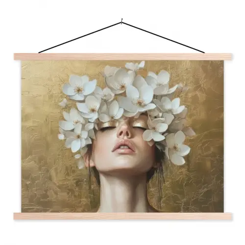 Gezicht - Bloemen - Goud - Abstract textielposter latten blank klein -3d