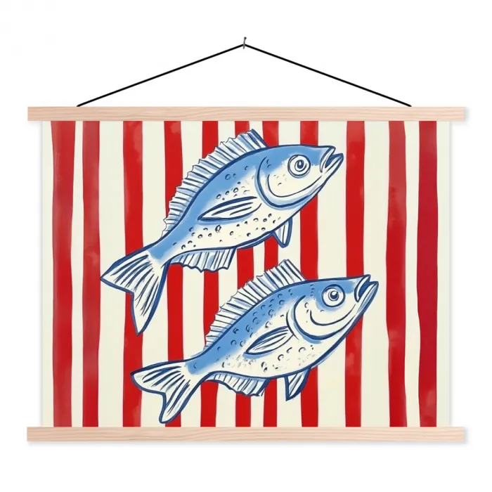 Vissen - Verticale strepen - Blauw - Rood textielposter latten blank klein -3d