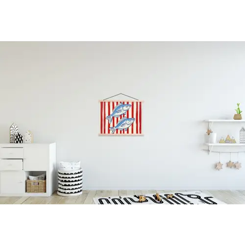 Vissen - Verticale strepen - Blauw - Rood textielposter latten blank klein -kinderkamer