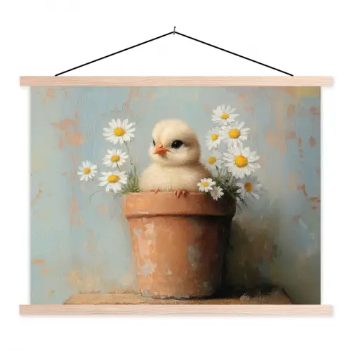 Bloempot - Kuiken - Bloemetjes textielposter latten blank klein -3d