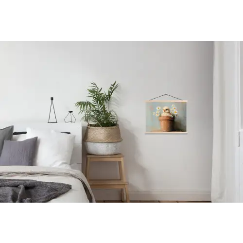 Bloempot - Kuiken - Bloemetjes textielposter latten blank klein -woonkamer