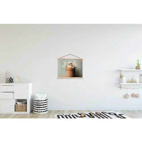 Bloempot - Kuiken - Bloemetjes textielposter latten blank klein -kinderkamer