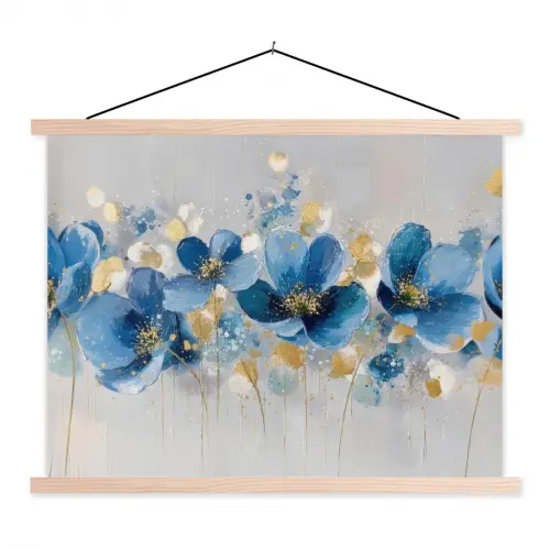 Bloemen - Blauw - Abstract textielposter latten blank klein -3d