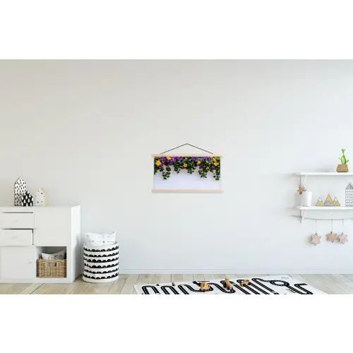 Bloemen - Muur - Geel - Paars textielposter latten blank klein -kinderkamer
