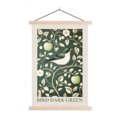 Groen - Vogel - Bloemen textielposter latten blank klein -3d