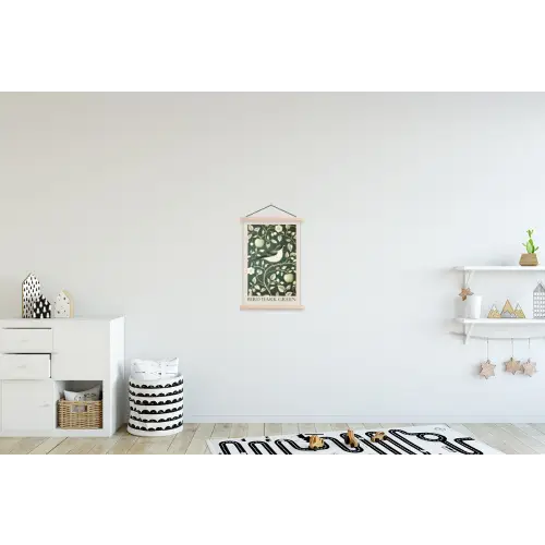 Groen - Vogel - Bloemen textielposter latten blank klein -kinderkamer