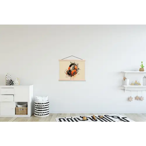 Koptelefoon - Oranje - Explosief textielposter latten blank klein -kinderkamer