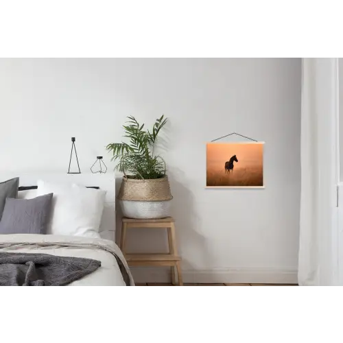 Paard - Grasveld - Zonsondergang textielposter latten blank klein -woonkamer