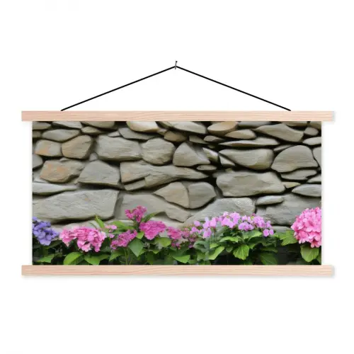 Hortensia’s - Stenen - Muur - Bloemen textielposter latten blank klein -3d
