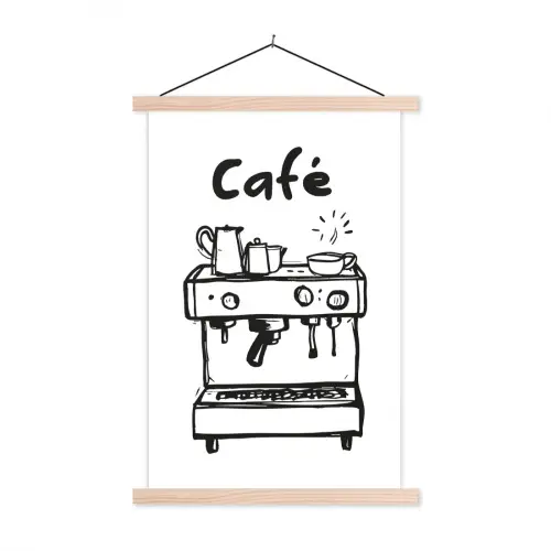 Illustratie - Café - Koffiemachine - Kopjes textielposter latten blank klein -3d