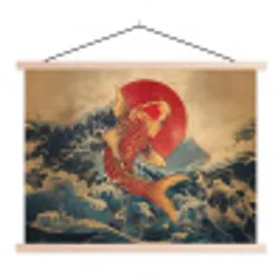Koi - Zee - Golven - Zon textielposter latten blank klein -3d
