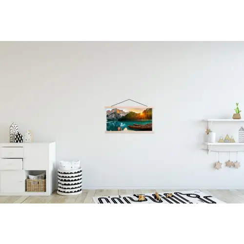 Meer - Bergen - Zonsondergang - Boot textielposter latten blank klein -kinderkamer